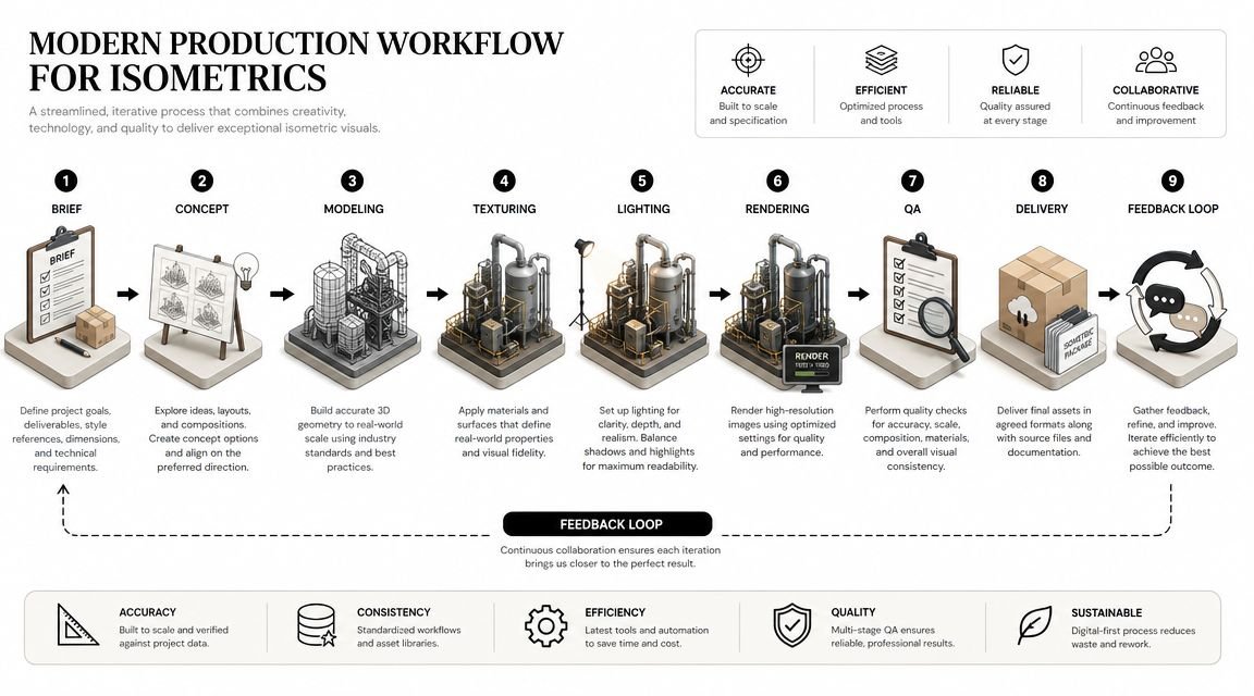 A professional nine-step modern production workflow diagram for creating detailed 3D isometric technical illustrations and industrial drawings.
