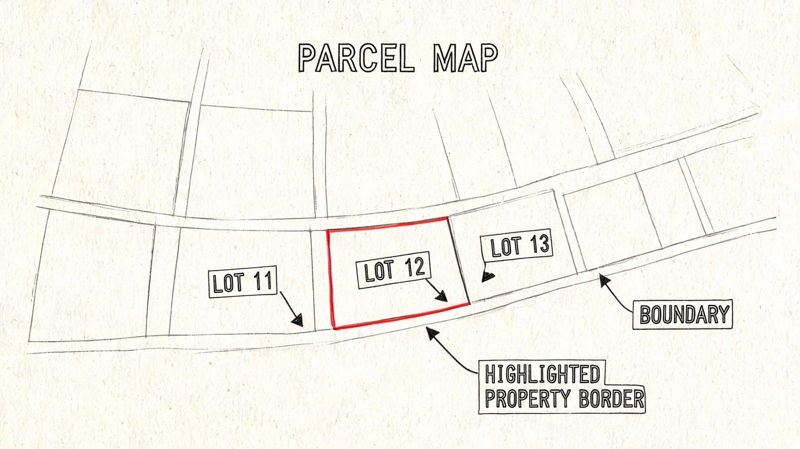 A hand-drawn parcel map displaying Lot 11, Lot 12, and Lot 13 with the boundary of Lot 12 highlighted in red.