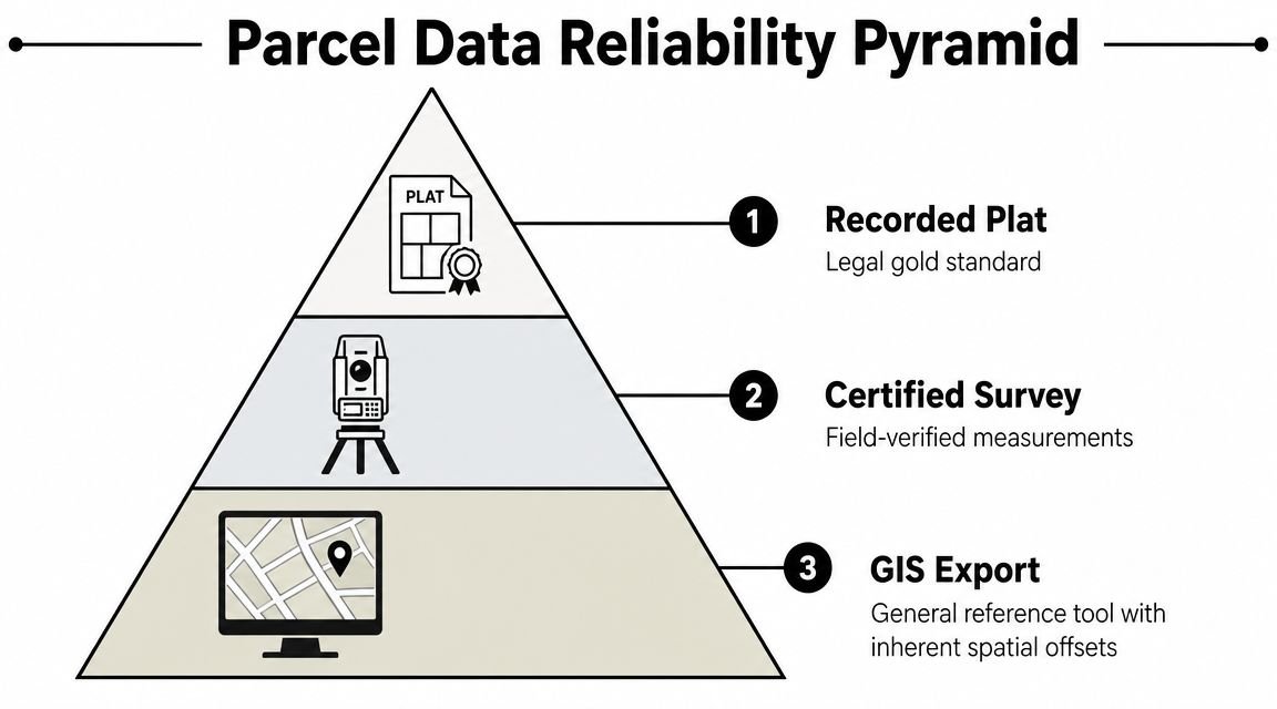 A hierarchical pyramid diagram representing the reliability levels of parcel data from recorded plats to GIS exports.