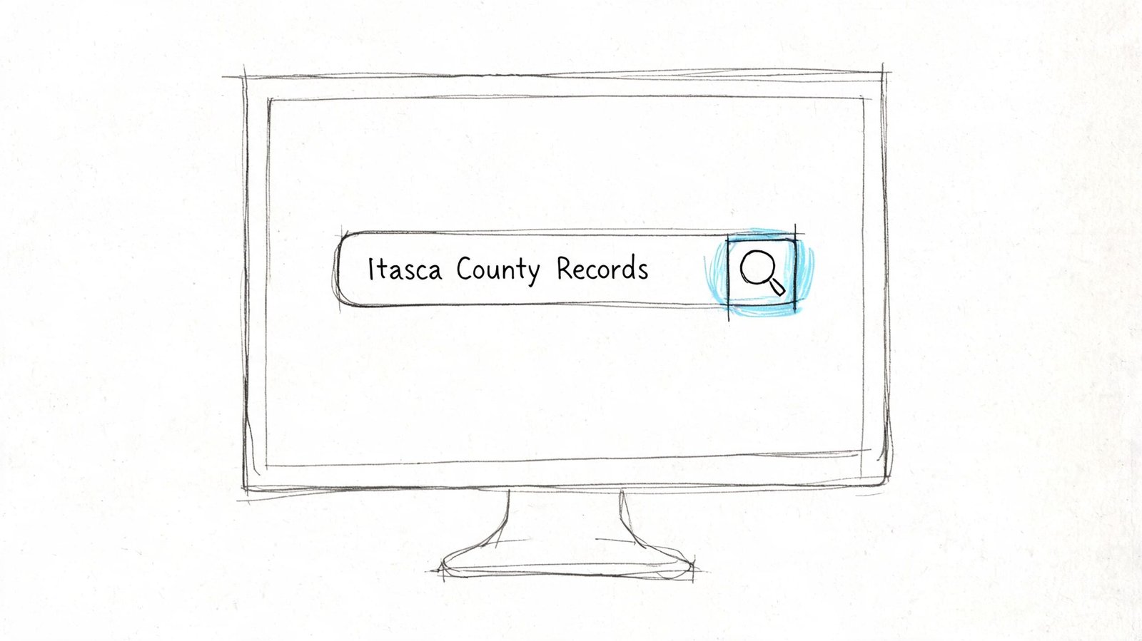 A hand-drawn sketch of a computer monitor displaying a search bar with the text Itasca County Records.