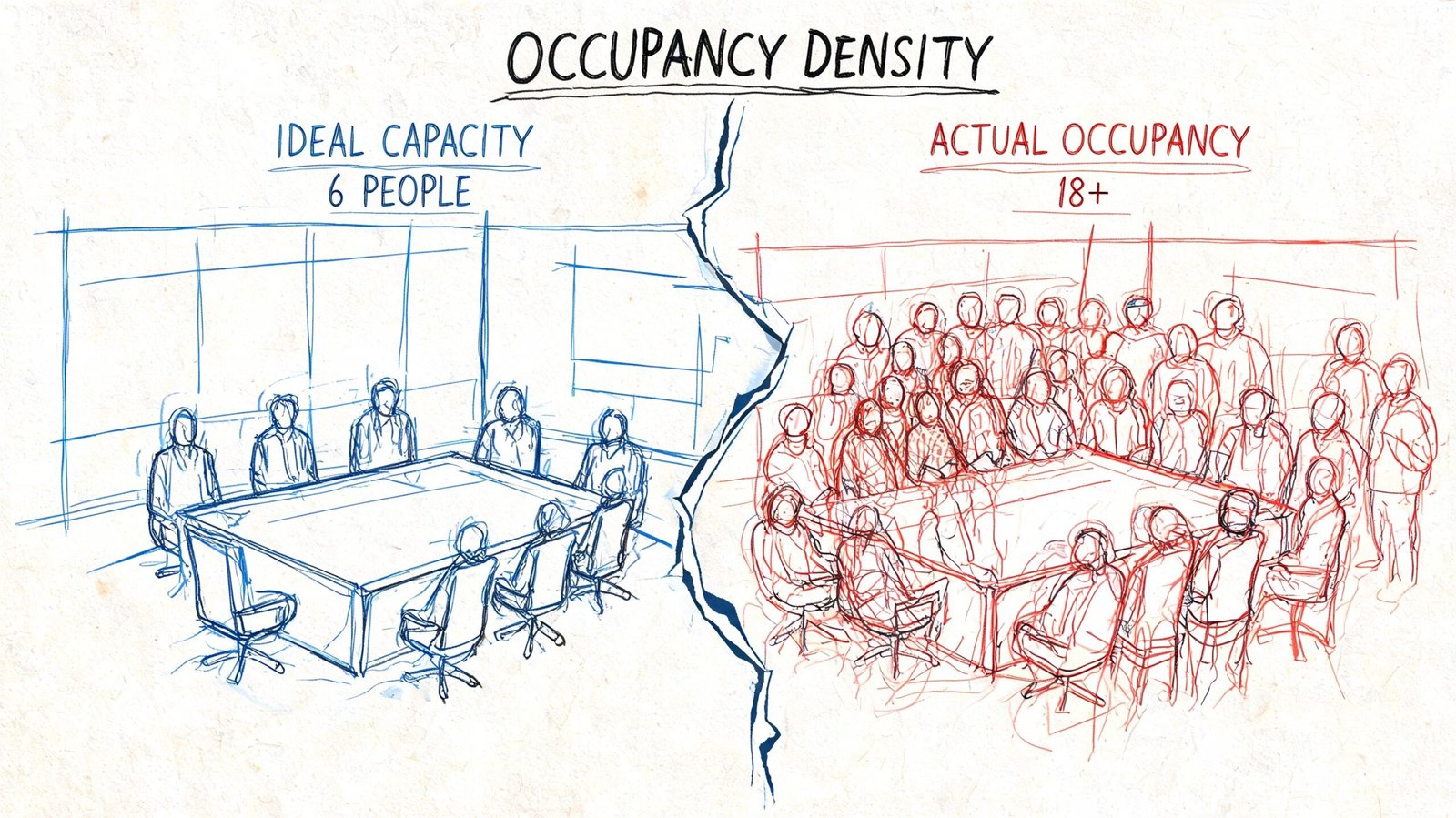A conceptual sketch contrasting an office meeting room at ideal capacity versus severe overcrowding.