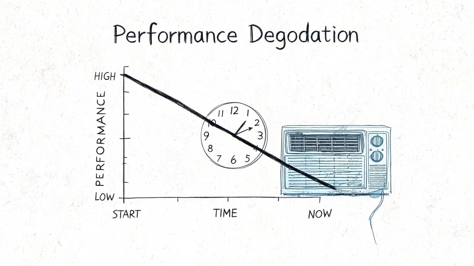 A conceptual graph illustration showing air conditioner performance declining over time from a high state to low.