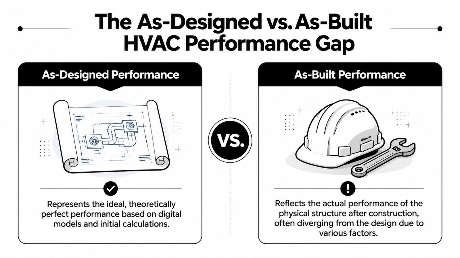 A comparison graphic showing the difference between ideal as-designed HVAC performance and real-world as-built HVAC performance.