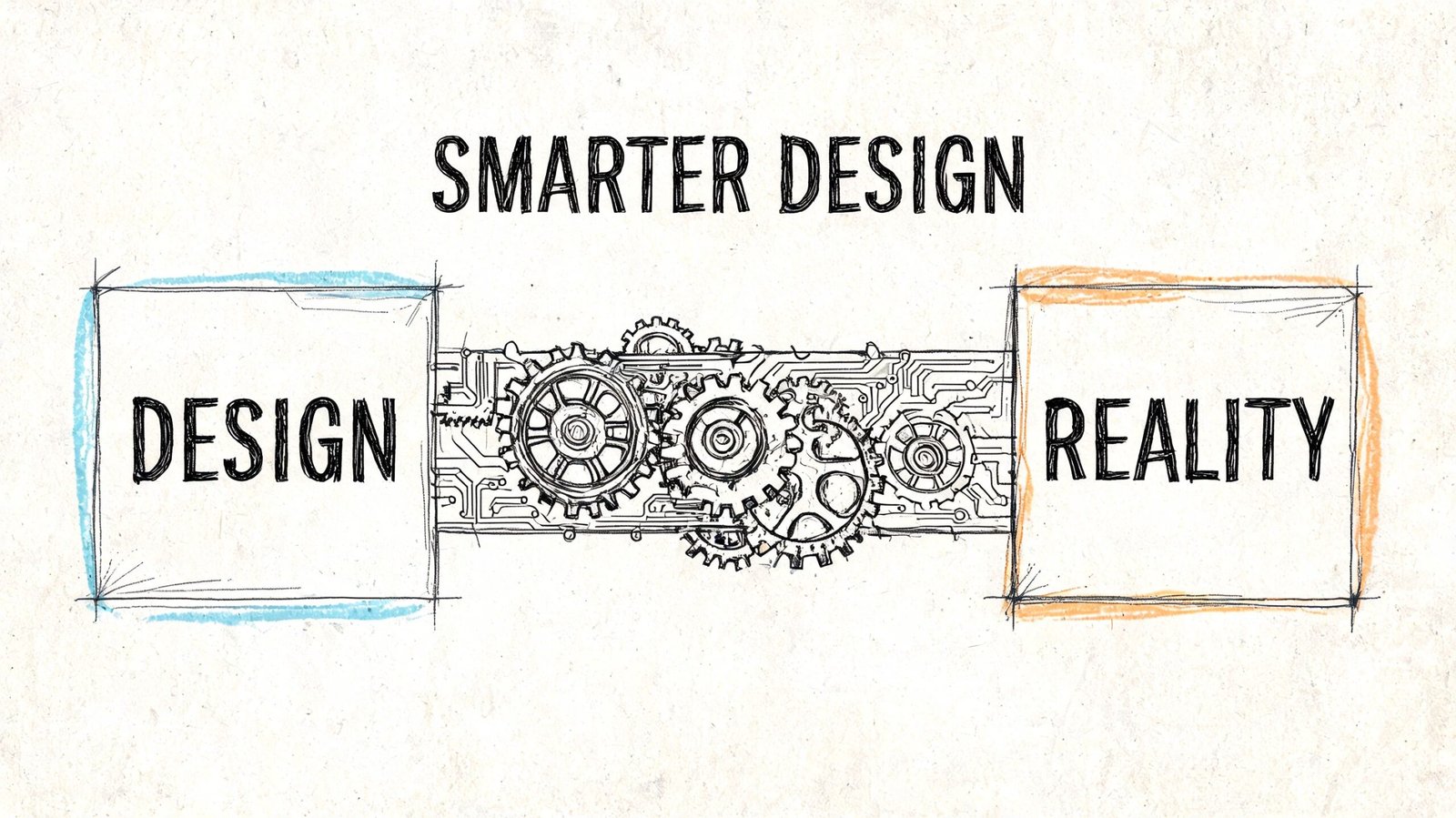 A hand-drawn sketch showing a process connecting the concept of design to reality through mechanical gears.