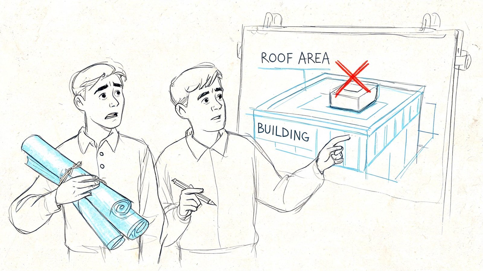 Two architects looking at a sketch of a building structure with a red X mark on top.