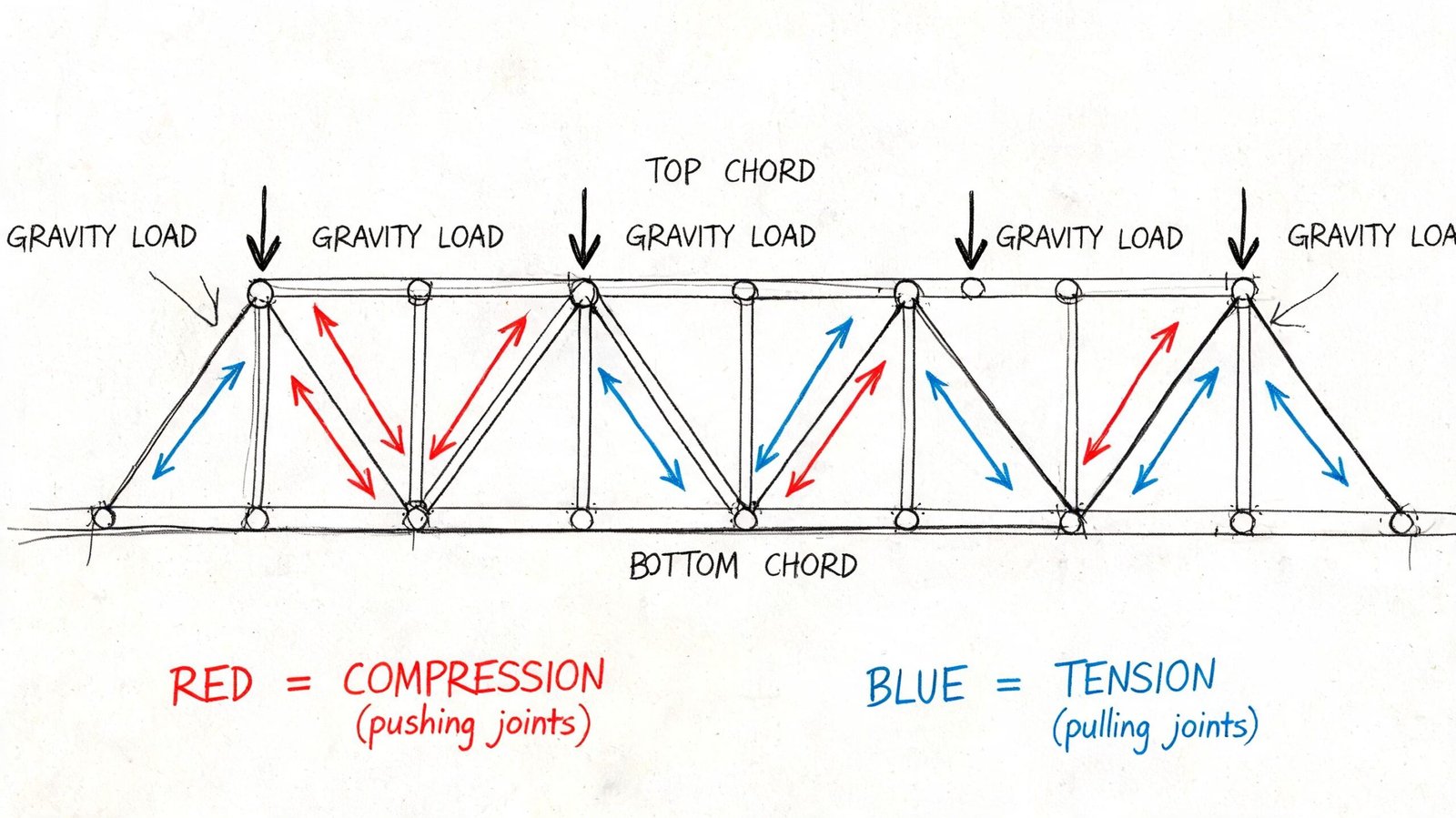 A hand-drawn diagram illustrating structural load paths in a truss bridge, showing compression in red and tension in blue.