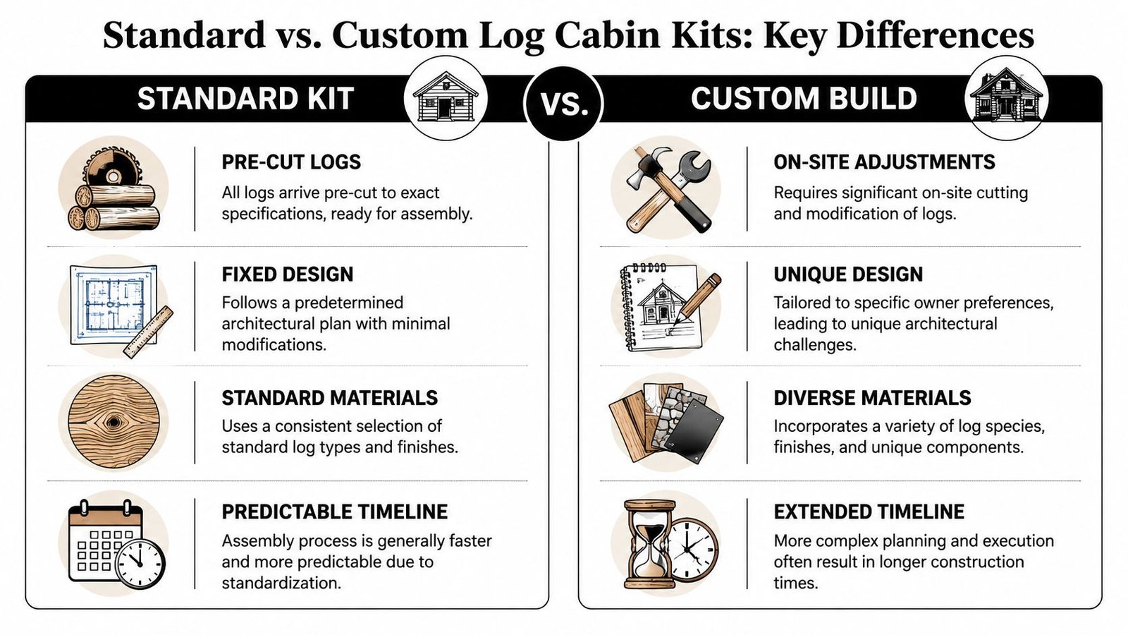A comparison infographic showing the key differences between standard log cabin kits and custom cabin builds.