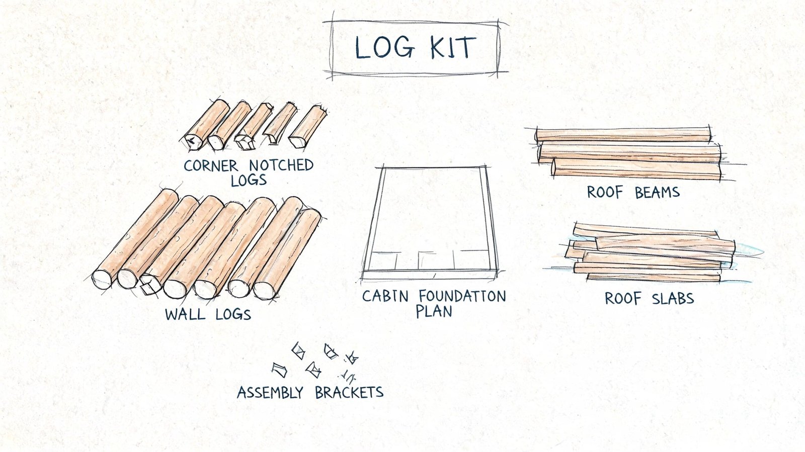A hand-drawn sketch of a log cabin kit including logs, roof beams, and foundation planning components.