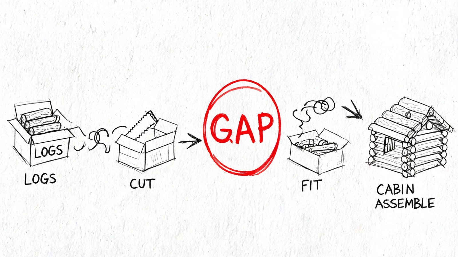 A hand-drawn flowchart illustrating the manufacturing steps for log cabin kits, highlighting a gap in production.