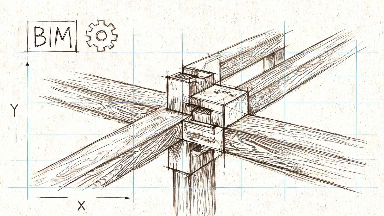 A detailed technical drawing of a wooden timber frame joint connection against a grid background.