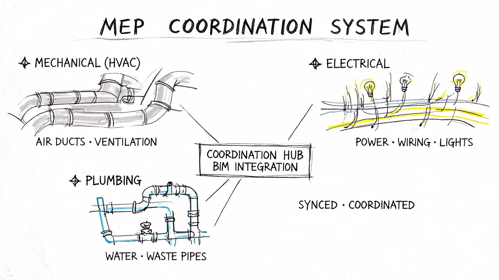 A hand-drawn diagram illustrating an MEP coordination system with mechanical, electrical, and plumbing components integrated via BIM.