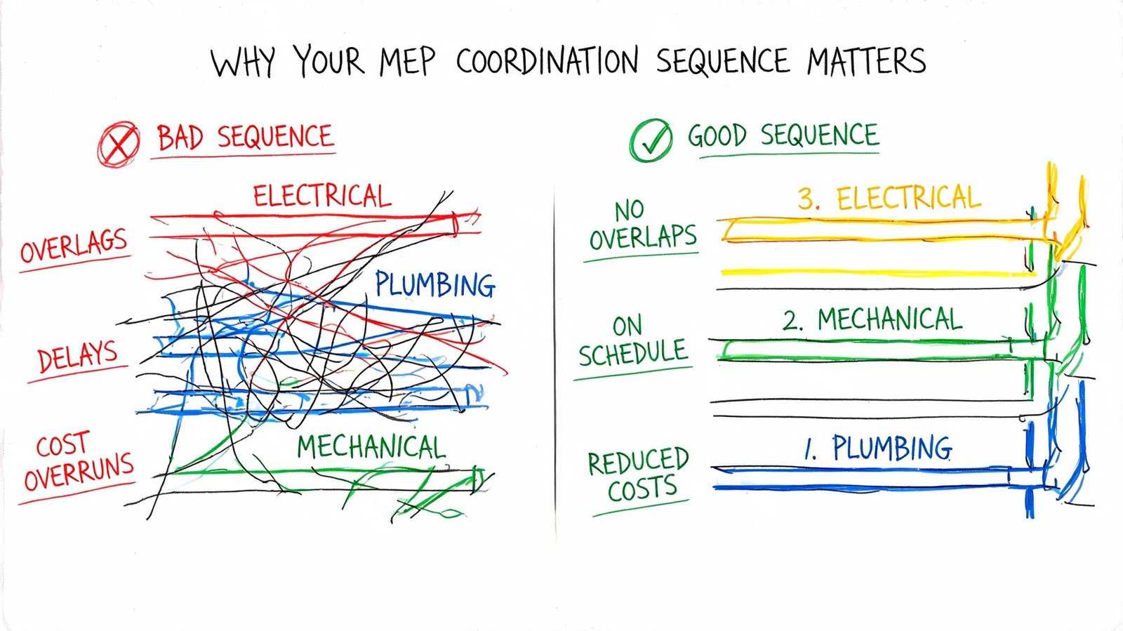 A diagram comparing disorganized, overlapping MEP installation versus an efficient, sequenced, and cost-effective construction approach.