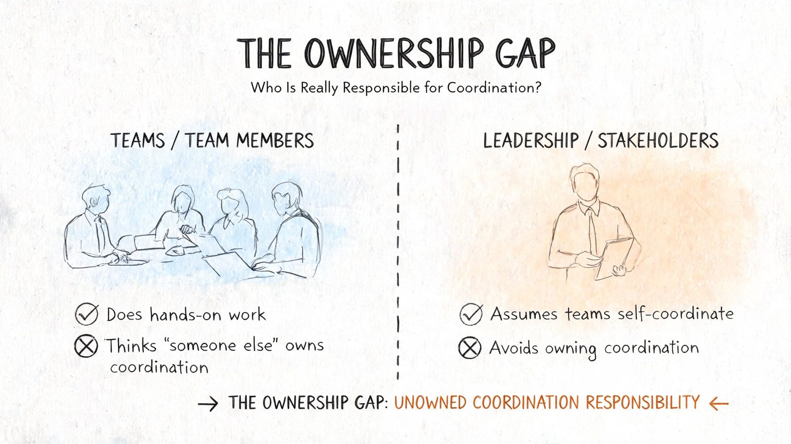 A diagram illustrating the ownership gap in coordination responsibilities between team members and leadership stakeholders.