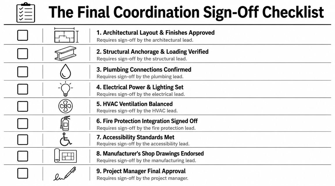 A nine-step final coordination sign-off checklist for construction projects shown as a clear graphic with icons.