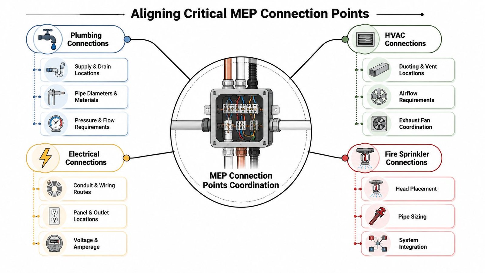 A diagram illustrating MEP connection points for plumbing, electrical, HVAC, and fire sprinkler systems in construction projects.