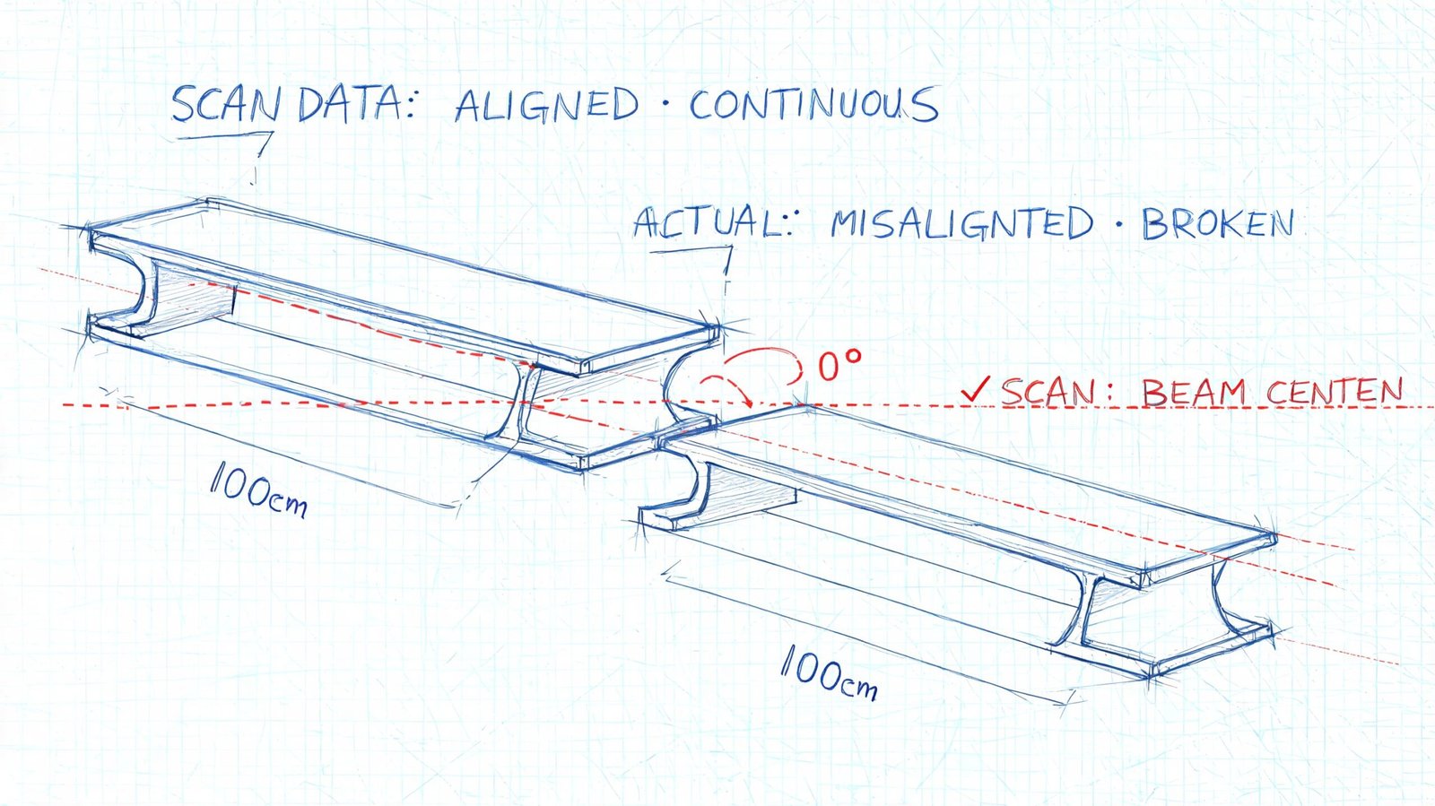 A technical sketch showing the difference between aligned scan data and misaligned, broken physical beam segments.