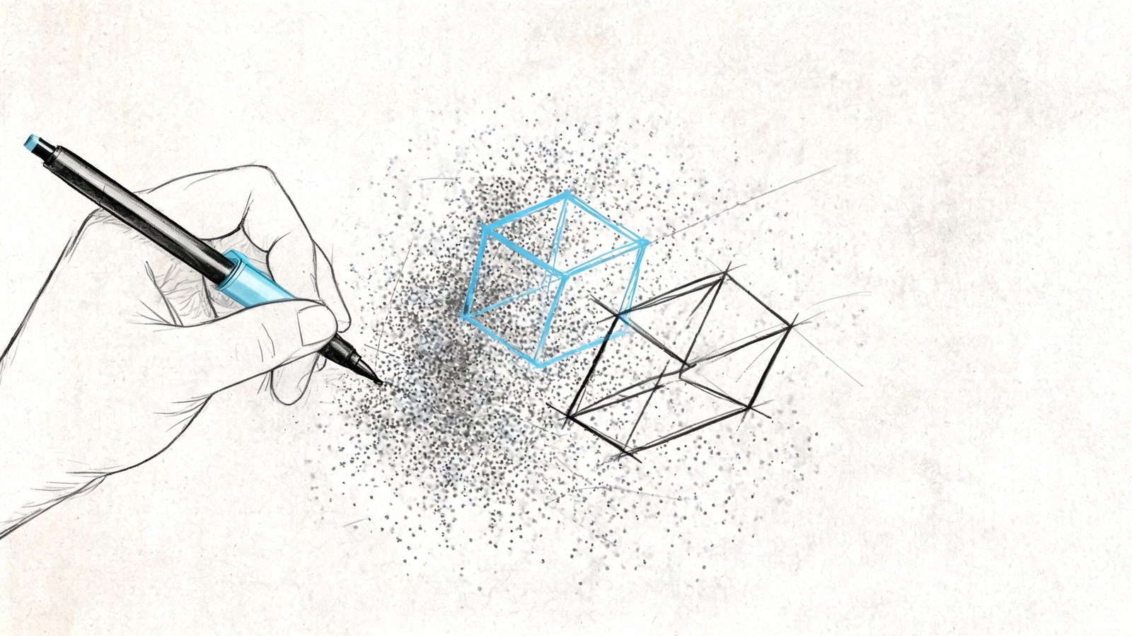 A hand drawing a digital point cloud representation of 3D cubes on a textured paper surface.