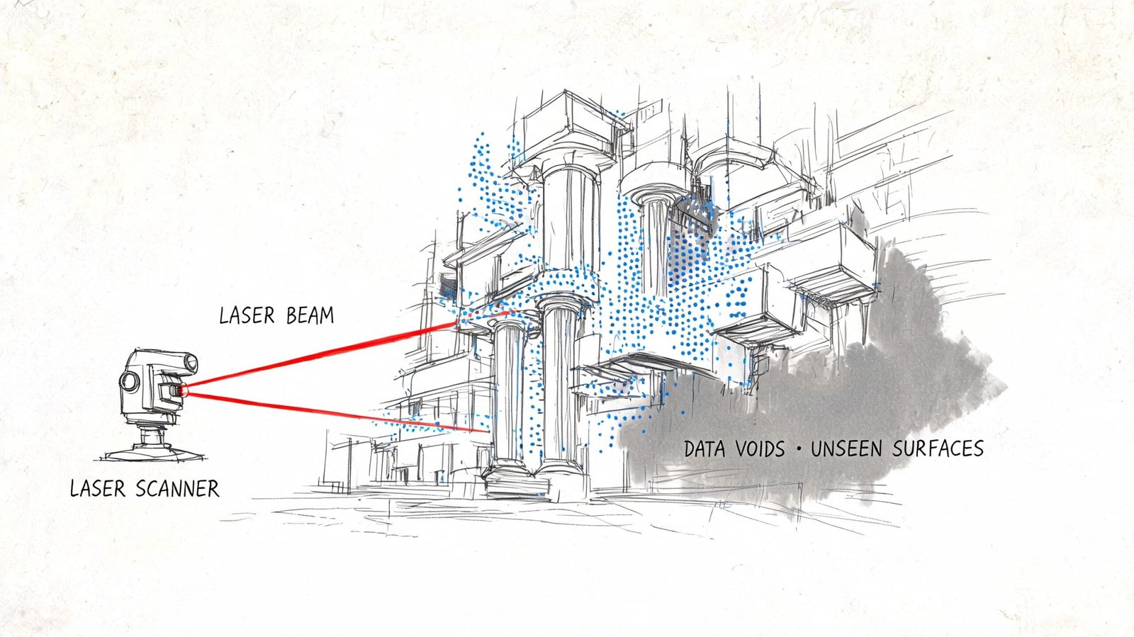 A conceptual sketch illustrating a laser scanner creating a point cloud scan of a complex architectural structure.