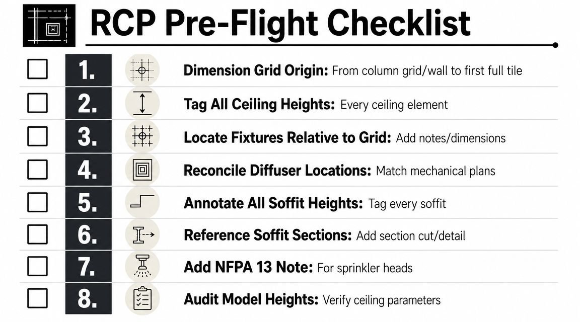 A numbered checklist titled RCP Pre-Flight Checklist for verifying reflected ceiling plan details and technical notes.
