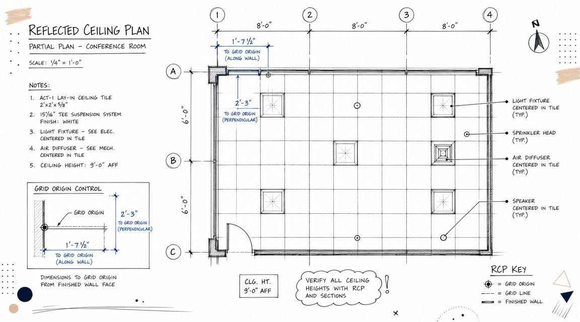 A detailed technical reflected ceiling plan for a conference room showing grid layout, fixtures, and dimensions.
