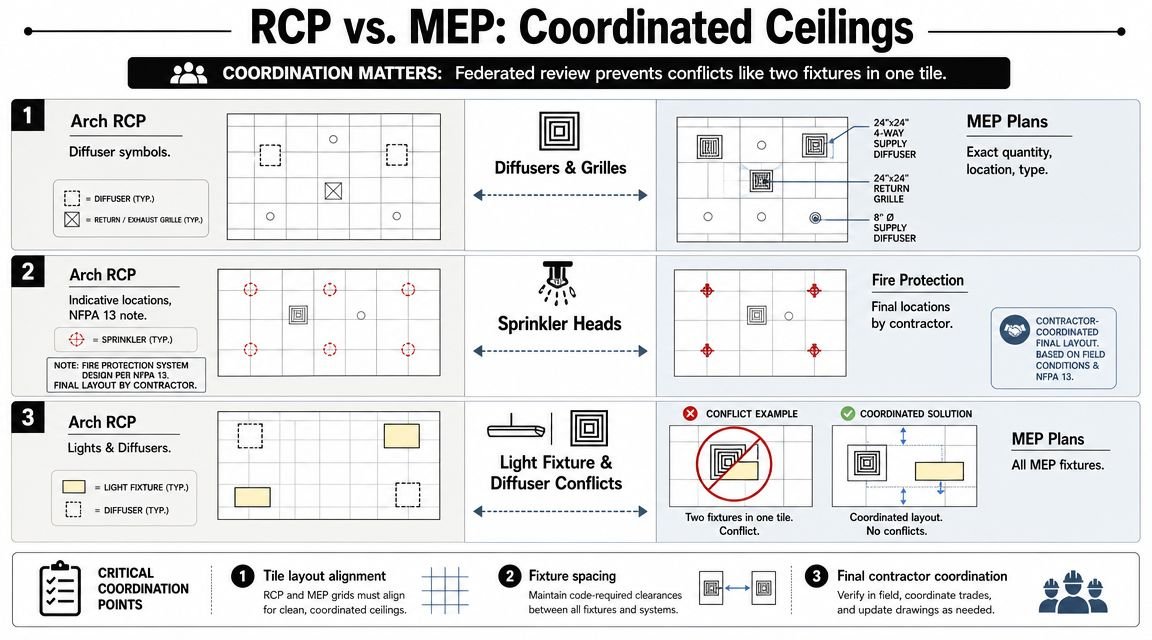 An infographic illustrating the importance of coordinating reflected ceiling plans with mechanical, electrical, and plumbing systems.
