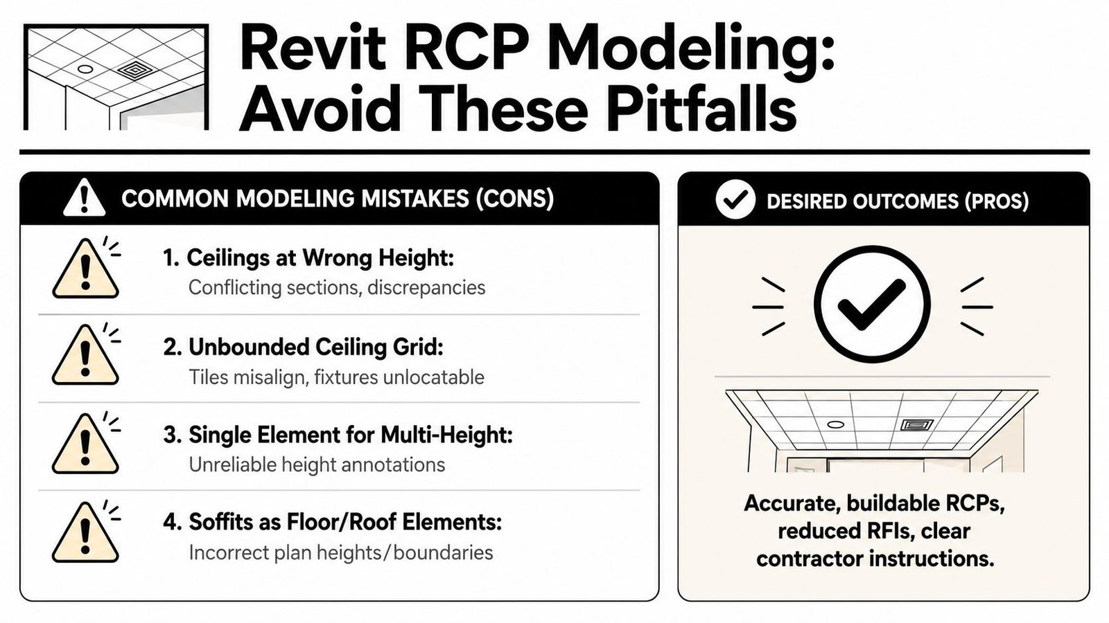An infographic titled Revit RCP Modeling: Avoid These Pitfalls, listing common mistakes and desired outcomes for ceiling plans.