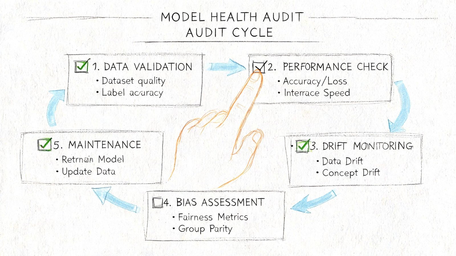 A hand selecting the performance check step in a cyclical five-stage model health audit process diagram.