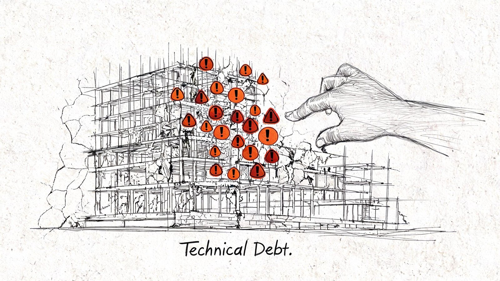A conceptual sketch illustrating technical debt as a crumbling building with warning signs touched by a human hand.