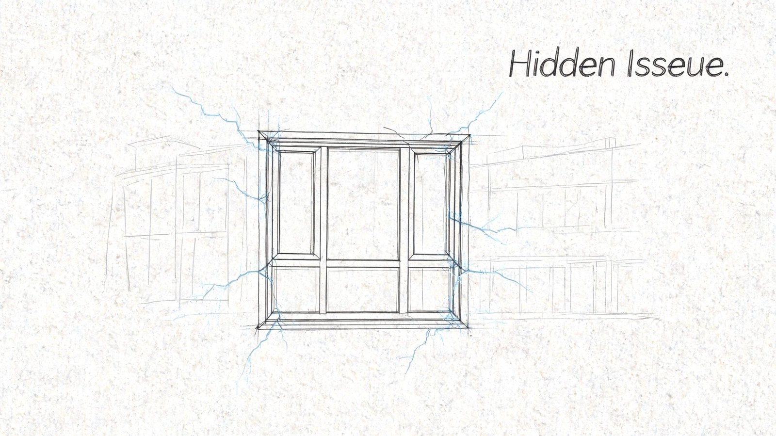 A conceptual architectural sketch of a window with cracks spreading through the surrounding wall structure.