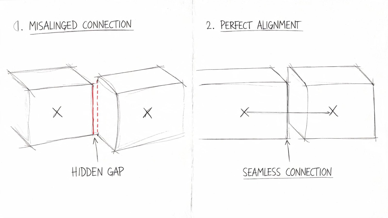 A technical sketch comparing misaligned connection with a hidden gap versus a perfect seamless connection between blocks.