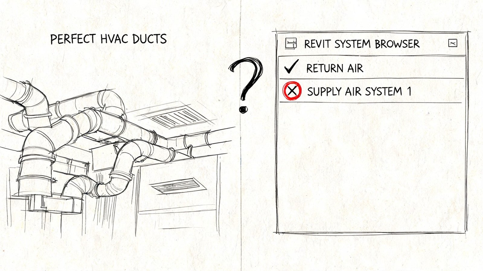 A hand-drawn sketch comparing modeled HVAC ducts with a Revit System Browser showing a supply air error.