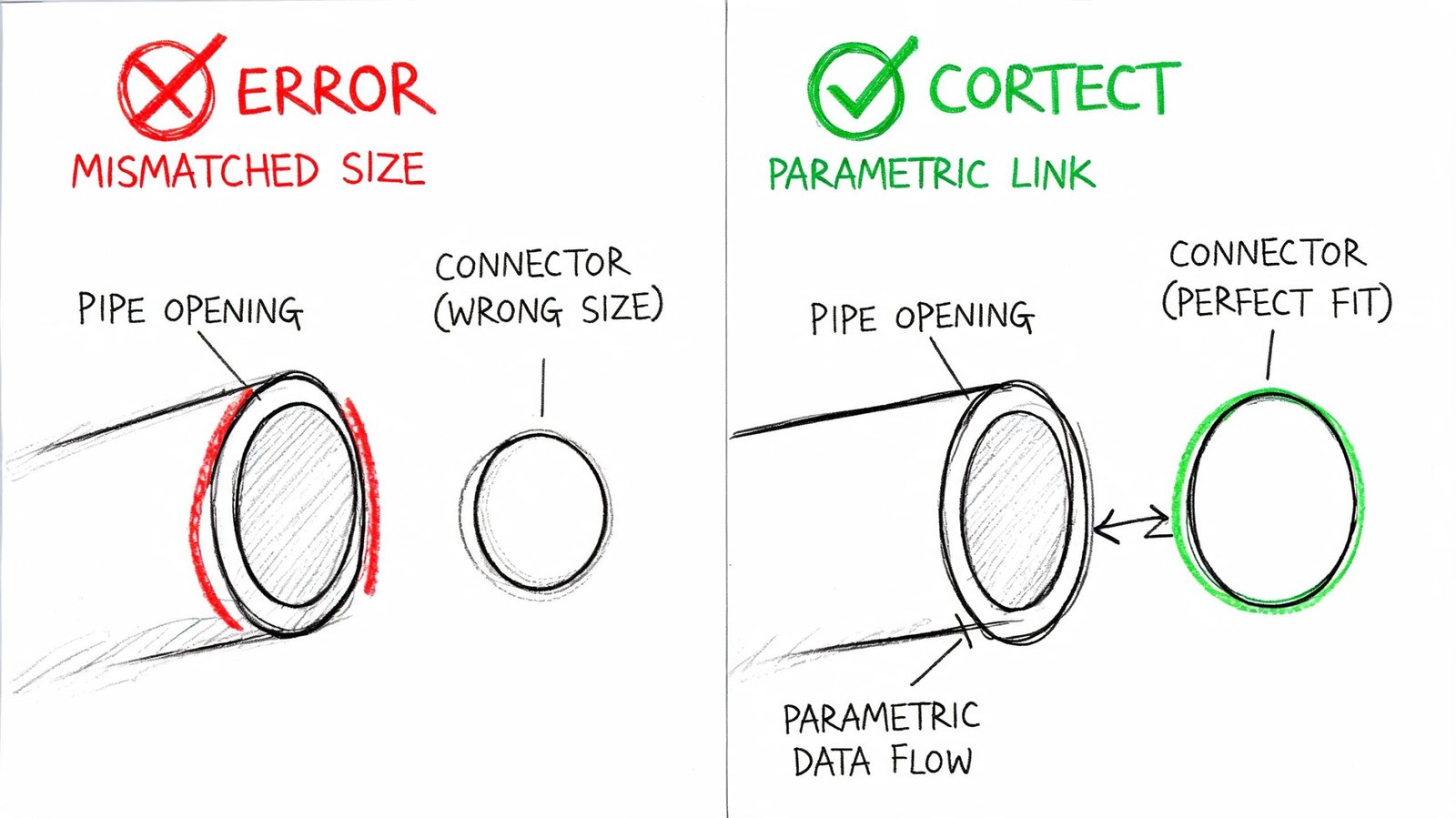 A diagram comparing mismatched pipe connectors with correct parametric links for BIM and CAD design workflows.
