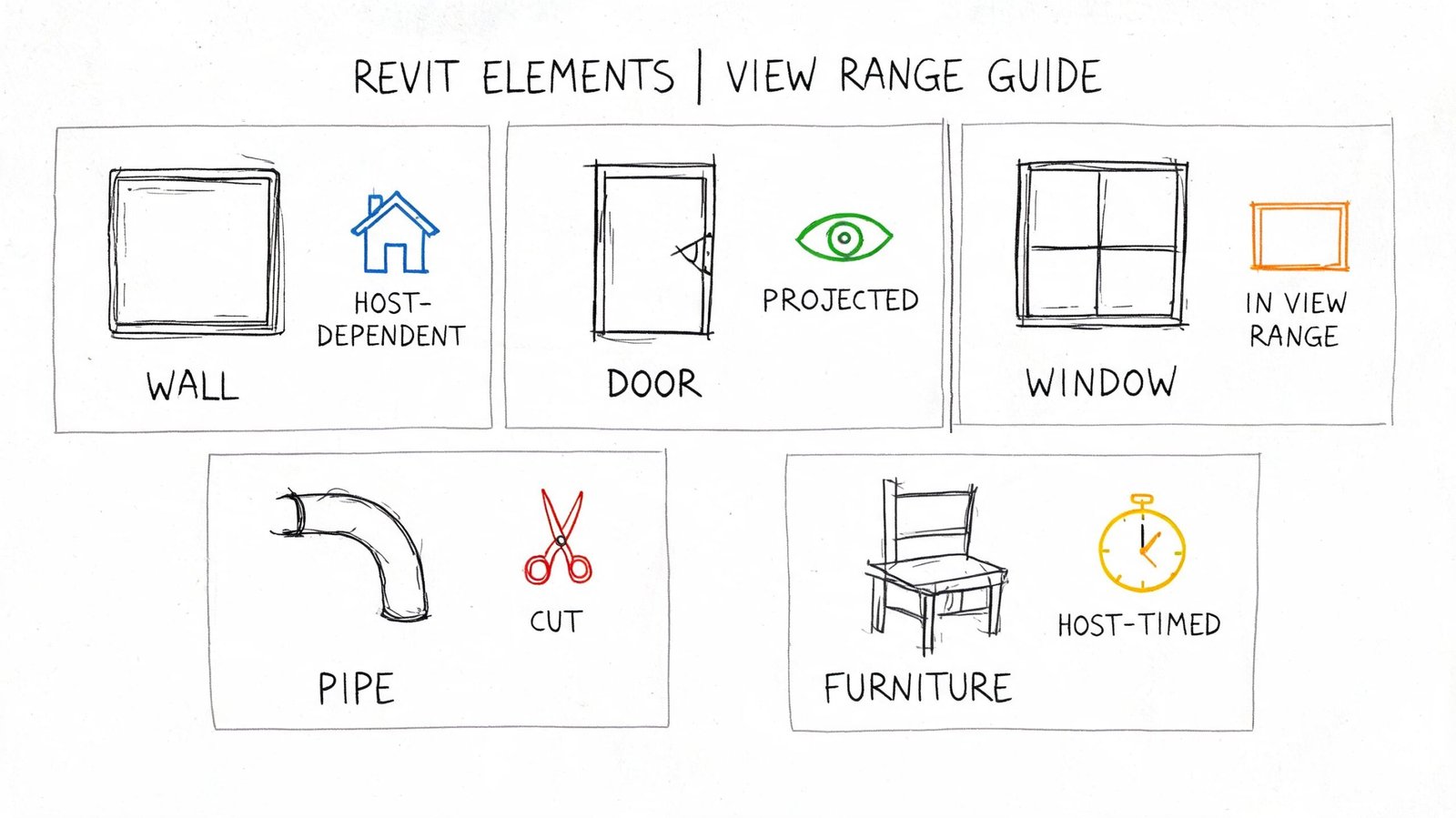A hand-drawn educational guide illustrating how different Revit elements like walls, doors, and furniture appear in view range.