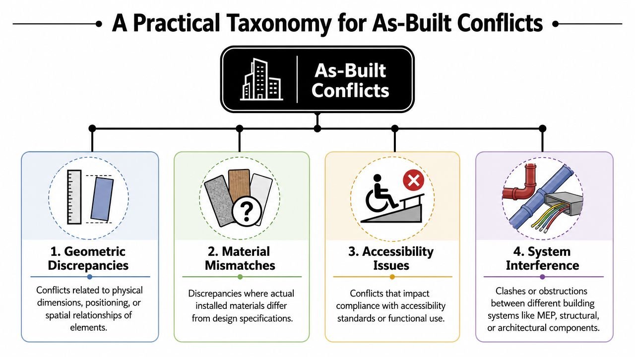 A structured flowchart titled A Practical Taxonomy for As-Built Conflicts showing four types of construction project discrepancies.