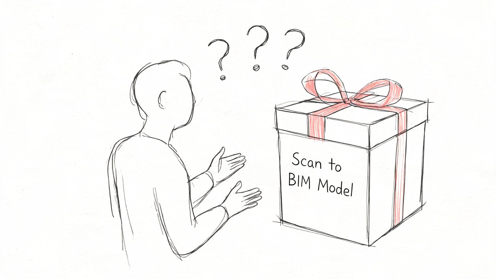 A person looking confused at a gift box labeled with Scan to BIM Model text.