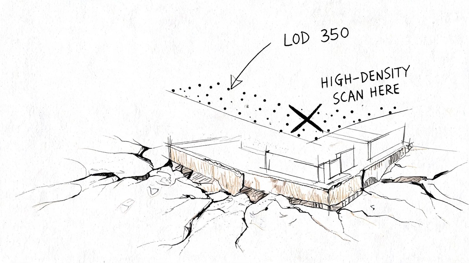 A conceptual sketch illustrating a high-density scan for LOD 350 BIM modeling over a building site.