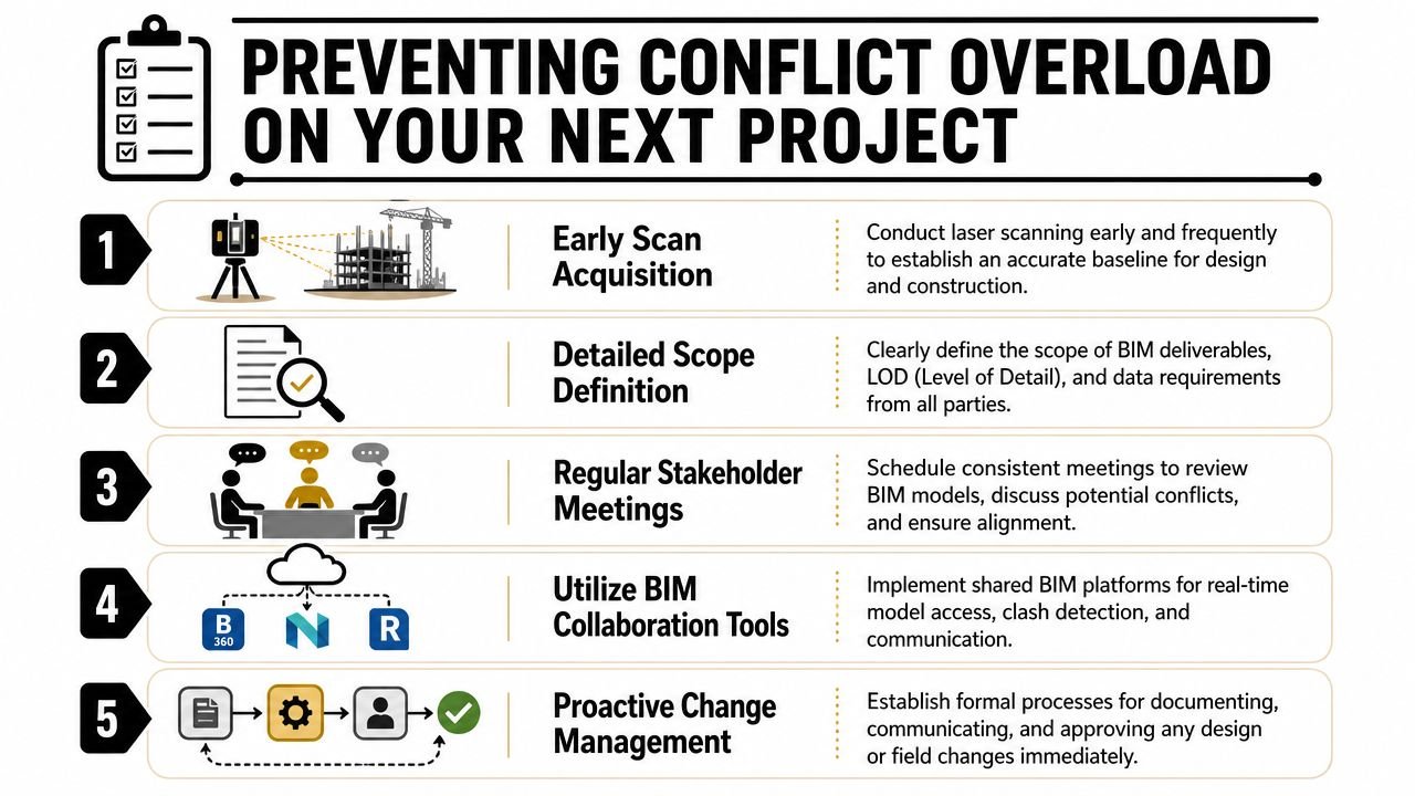 A five-step guide for preventing conflict overload in construction projects using BIM and laser scanning technologies.