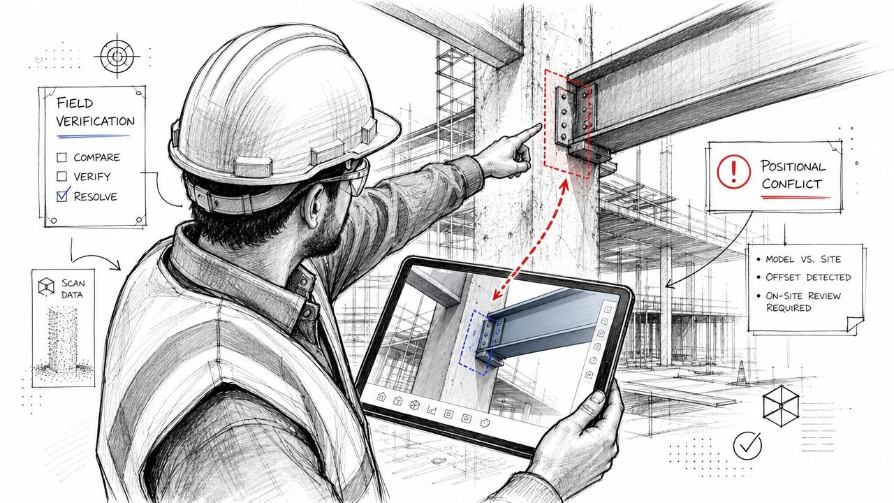 A construction engineer using a tablet to identify a positional conflict between a building model and site.