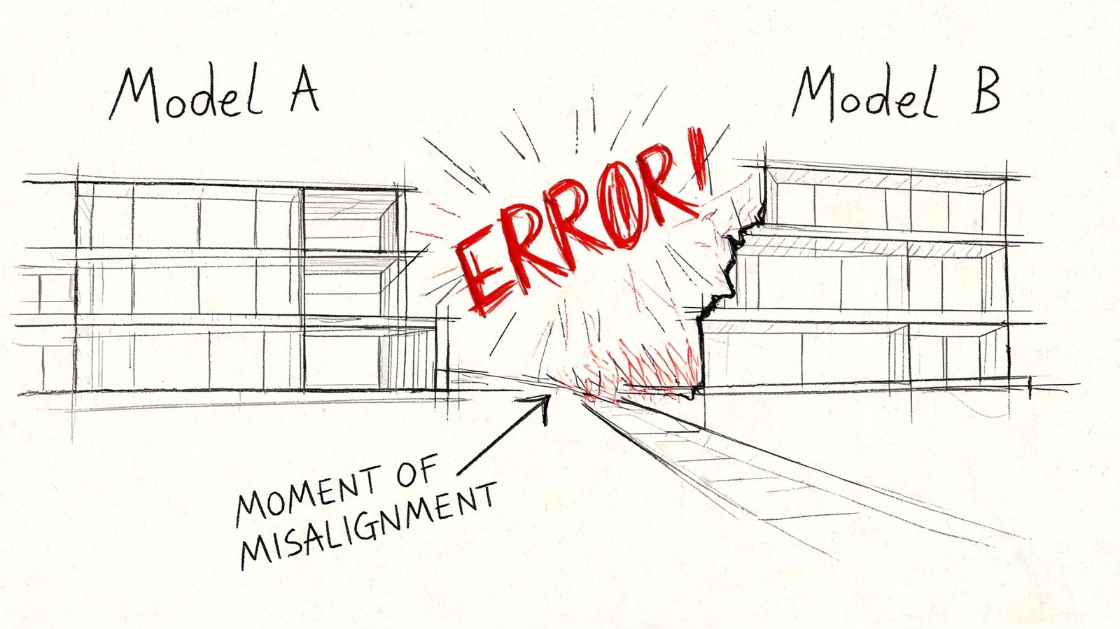 A hand-drawn sketch illustrating a collision point between two building models labeled Model A and Model B.