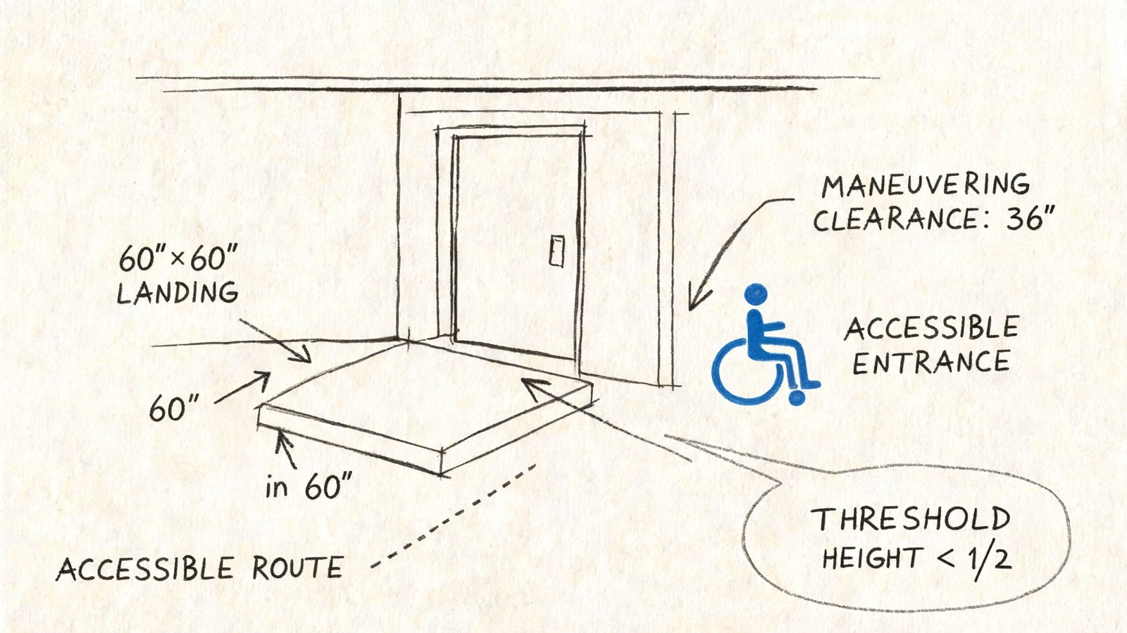 A diagram illustrating wheelchair accessible entrance requirements including landing dimensions, maneuvering clearance, and maximum threshold height.