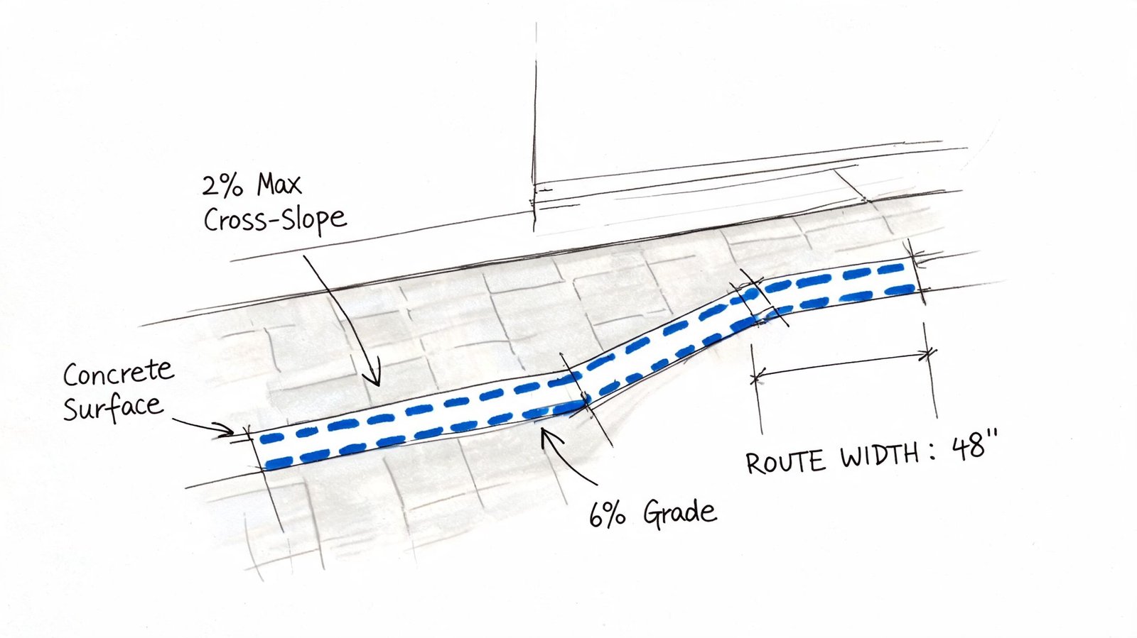 A diagram illustrating accessible ramp design specifications including a concrete surface, route width, cross-slope, and grade percentages.