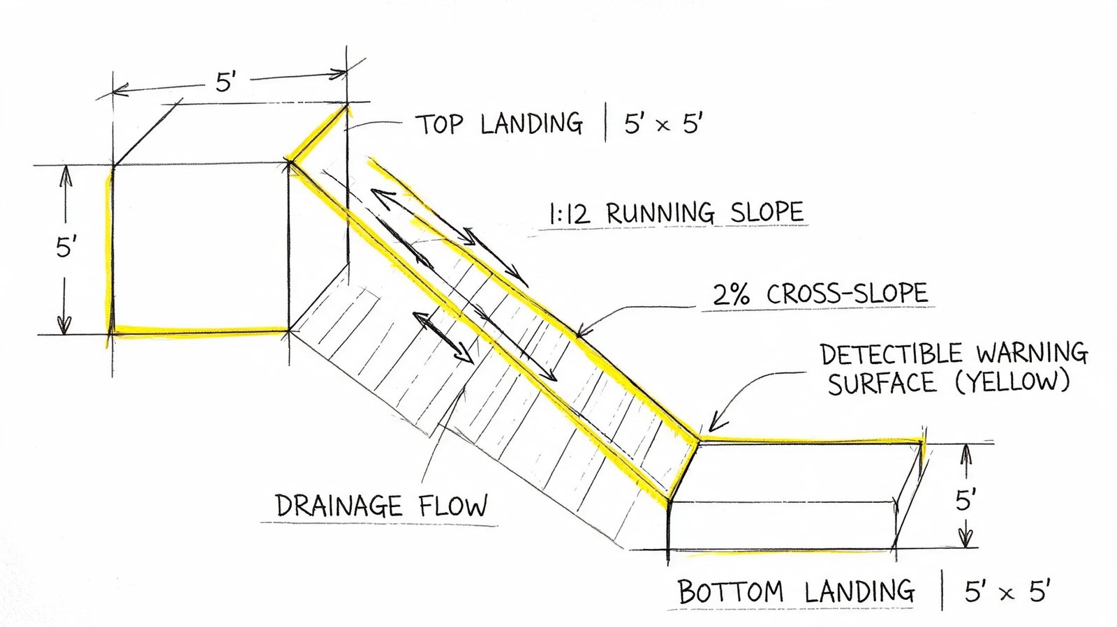 A diagram illustrating design specifications for an accessible ramp with landings, slopes, and drainage details.