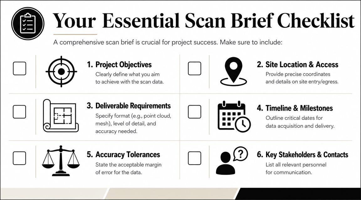 A checklist infographic titled Your Essential Scan Brief Checklist outlining six key steps for scanning project success.