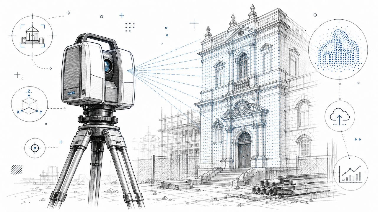 A 3D laser scanner on a tripod measuring an old building for structural documentation and analysis.