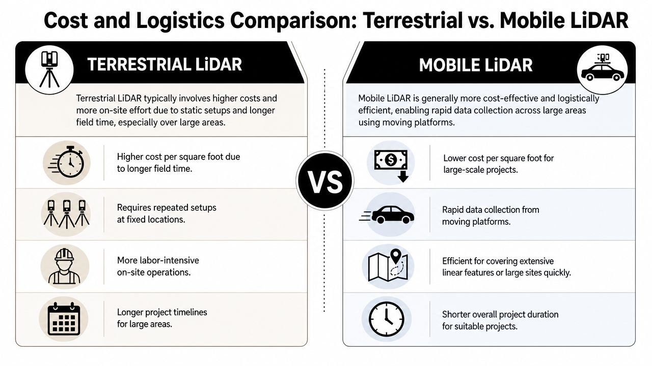 A comparison chart highlighting the cost and logistical differences between terrestrial and mobile LiDAR scanning technologies.