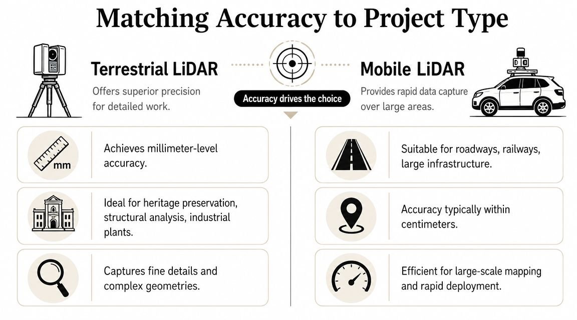 A comparison chart showing differences between Terrestrial LiDAR for high precision and Mobile LiDAR for large-scale projects.