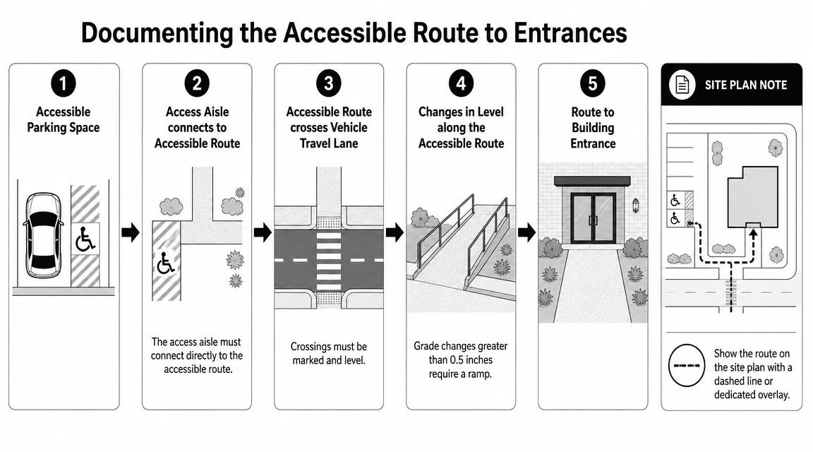 An infographic detailing five steps for designing an accessible route from parking spaces to building entrances.