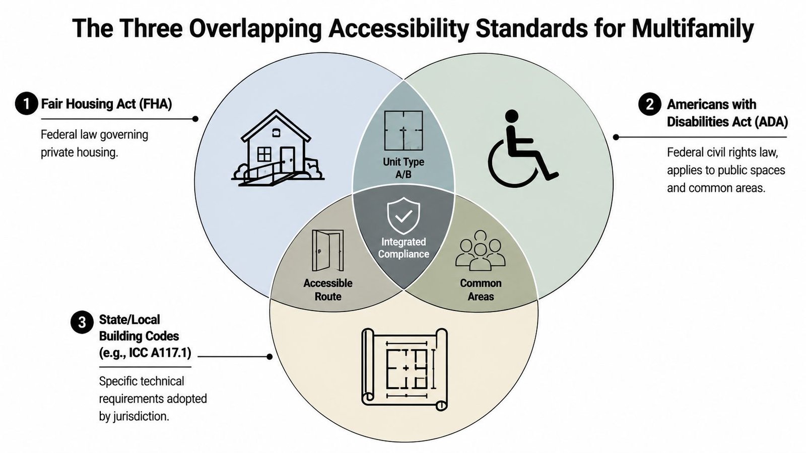 A Venn diagram showing how the FHA, ADA, and building codes overlap for multifamily accessibility compliance.
