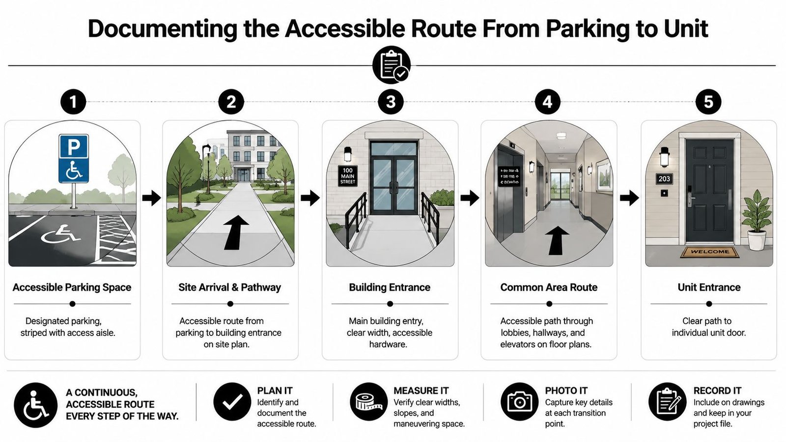 A five-step infographic illustrating the documentation process for an accessible route from parking to a residential unit.