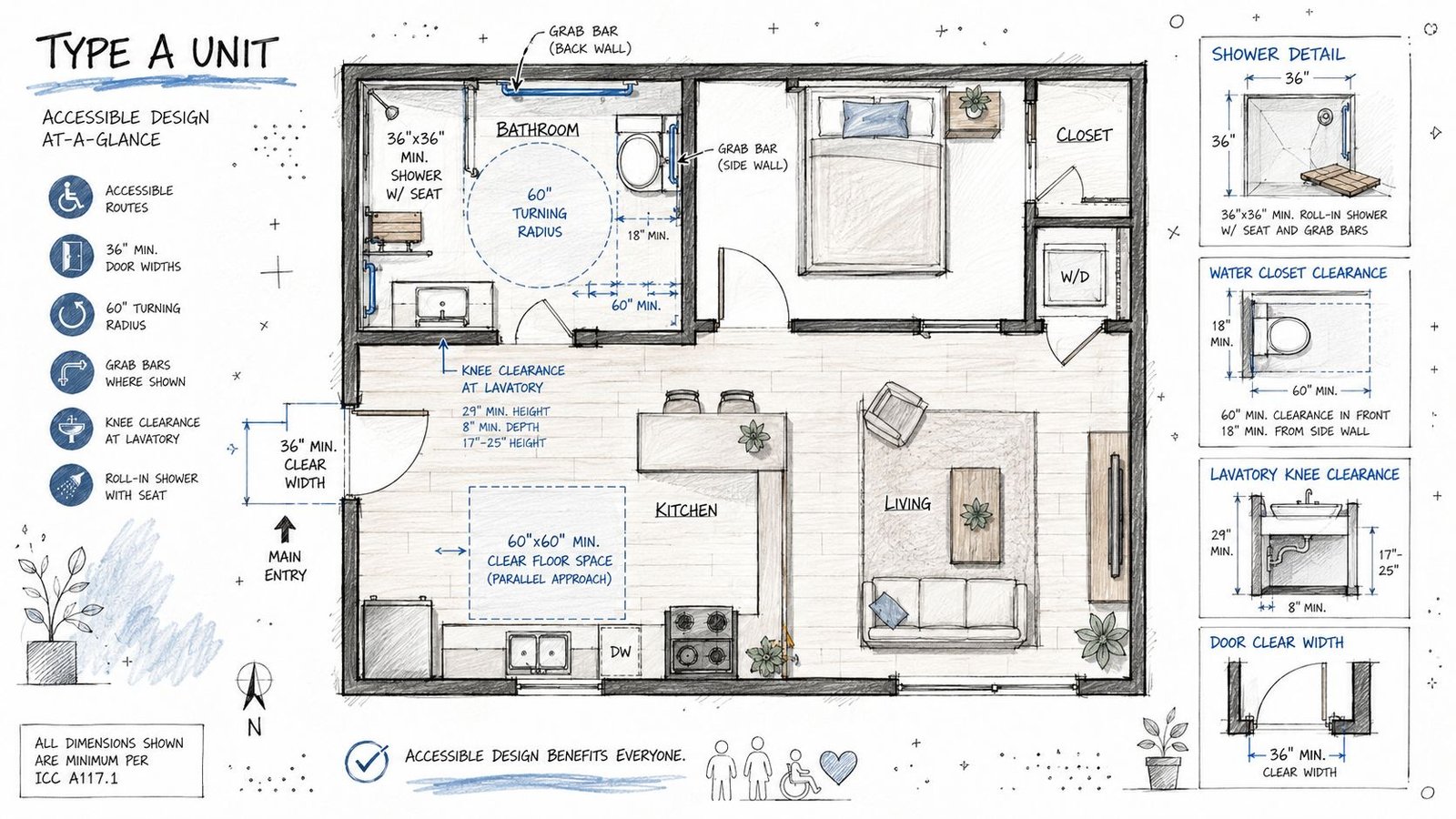 Architectural floor plan of an accessible Type A apartment unit with wheelchair accessibility and design specifications.